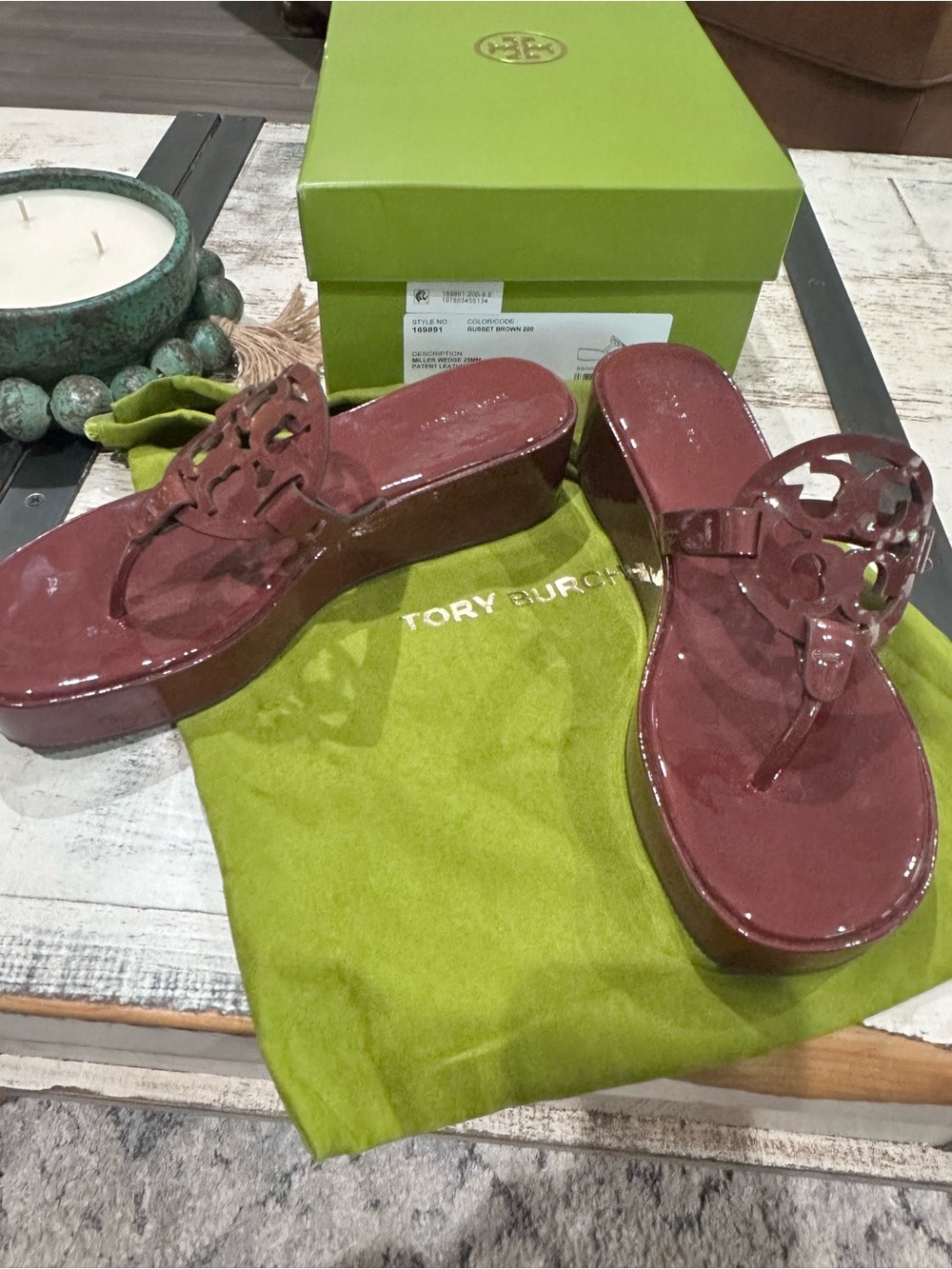 Tory Burch Wine Patent Platform Thong Sandals